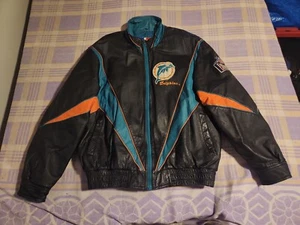 Vintage 90s Pro Player Miami Dolphins Leather Jacket Mens Football Size Large - Picture 1 of 15