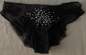 VS Victoria's Secret Sexy Little Things Rhinestones Bow Mesh Panties S Blk NWOT - Picture 1 of 6