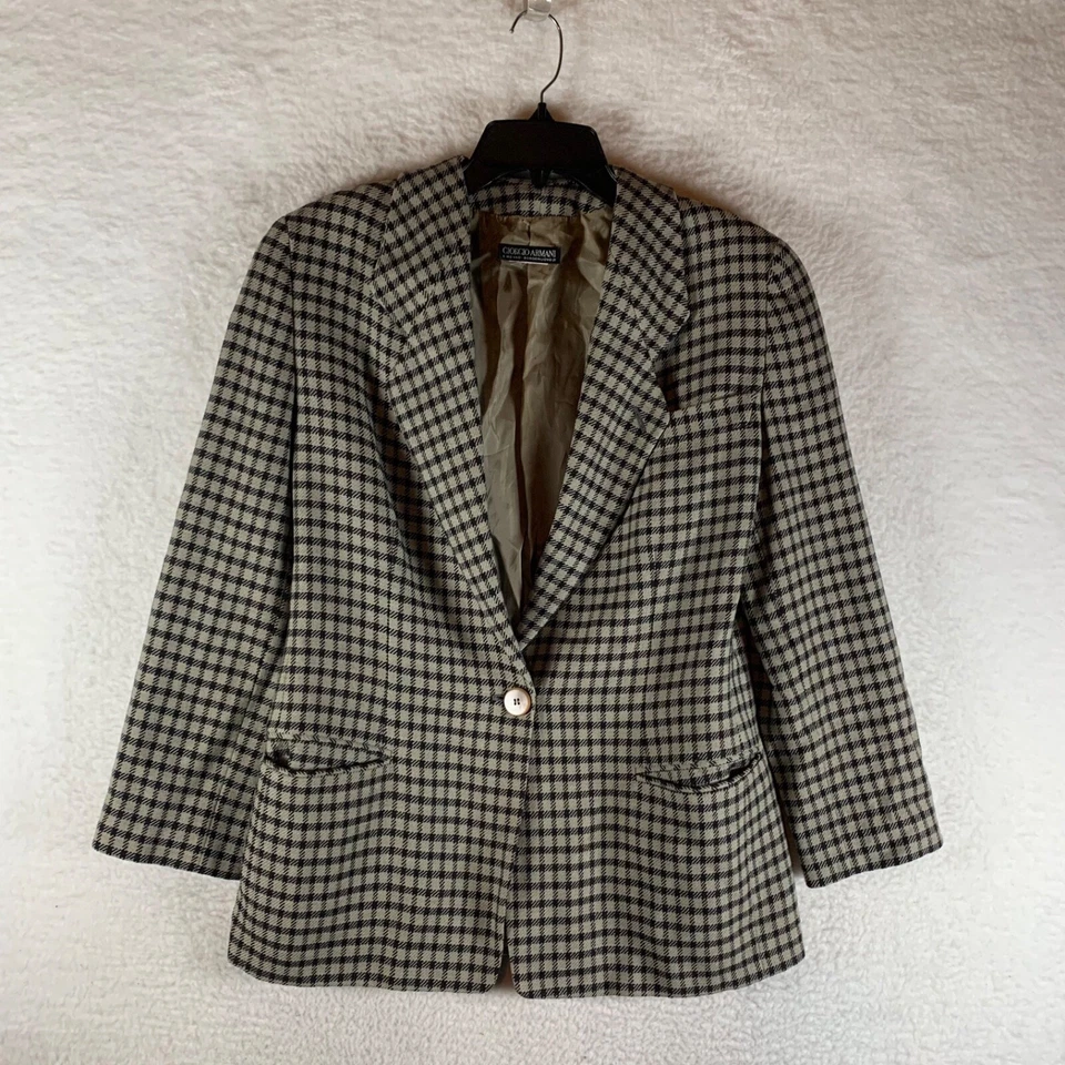 Chaqueta Blazer Abrigo Largo Giorgio Armani Para Mujer Un Botón Frontal Negro Tostado Cuadros Foto 1 de 4