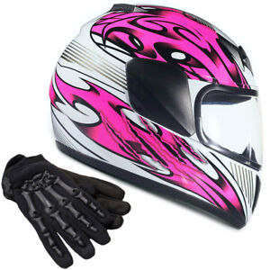 Youth Kids Pink Motorcycle Helmet Full Face Black Gloves Boys Girls ATV UTV DOT 