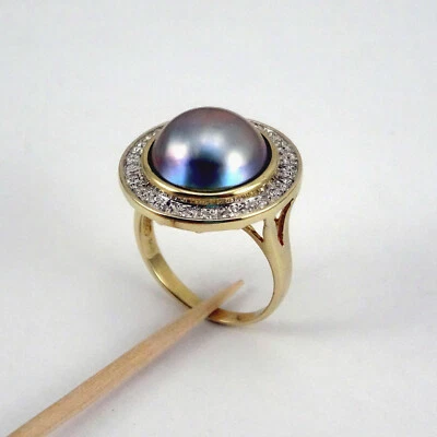 14K Tahitian Pearl Ring with Natural Diamond Halo Yellow Gold, Size 6.25, H2 - Image 1 of 4