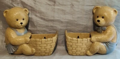 Vintage 2 Pc Brown Bears w/Baskets Plastic Wall Pockets  Burwood Products 1989 - Image 1 of 4