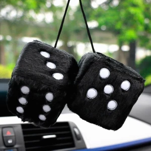 1 Pair Auto Black Fuzzy Dice Car Plush Hanging Rear View Mirror Front Decoration - Bild 1 von 8