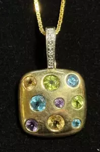 Collana con ciondolo in oro 14 kt moderna metà secolo magica multipietra vintage - Foto 1 di 8