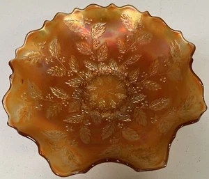 Fenton Carnival Glass Ruffled Bowl Holly Leaf Pattern Marigold Amber 9" - Picture 1 of 5