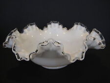Vintage Fenton White Milk Glass Silvercrest Clear Ruffled Edges Bowl, 10 1/2