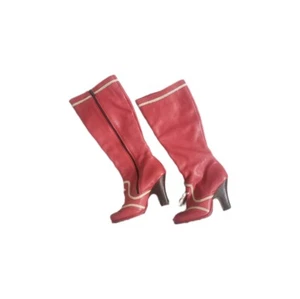 Vintage Red Leather Knee High Heeled Zipper Boots - Y2K - Fly London - Sz. 7 - Picture 1 of 5