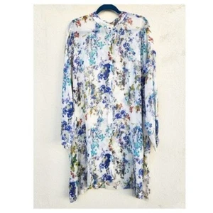 NWT GO SILK Women Rainy Day Floral Button Down Tunic Shirt Dress Blue Purple 3X - Picture 1 of 7