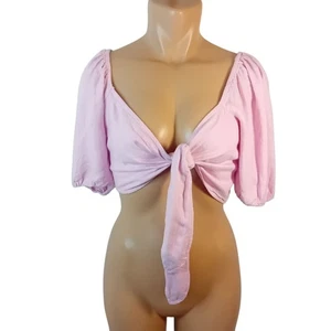 NWOT Abercrombie & Fitch Pastel Lilac Tie Front Puff Sleeve Crop Top Blouse L - Bild 1 von 15