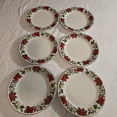 6-Vintage Gibson Everyday Poinsettia Holiday White/Red Floral 7" Dessert Plates - Image 1 of 4