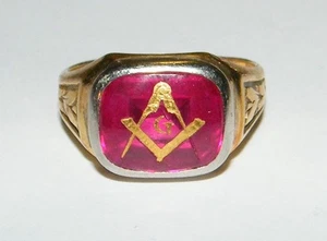 14K Freimaurer Mason's Ring - roter Stein mit Gold - Größe 9,5 - 8,6 Gramm - Bild 1 von 6