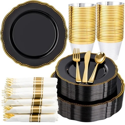 Platos de plástico Hioasis 175 piezas negro y dorado - Juego de vajilla de plástico dorado en... Foto 1 de 4