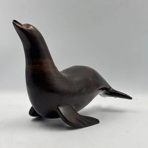 Vintage MCM Mahogany Wood Seal Sea Lion Hand Carved Wood Figure Sculpture 10.5" - Picture 1 of 7
