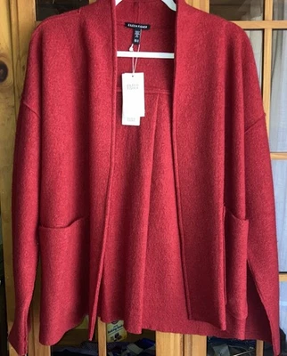 New $378 Eileen Fisher Red Open Front Cardigan Jacket Medium 100% Boiled Wool - Image 1 of 4