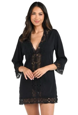 Vestido túnica para mujer La Blanca de encaje con cuello en V, estampado de tarifa negro/isla, grande Foto 1 de 4