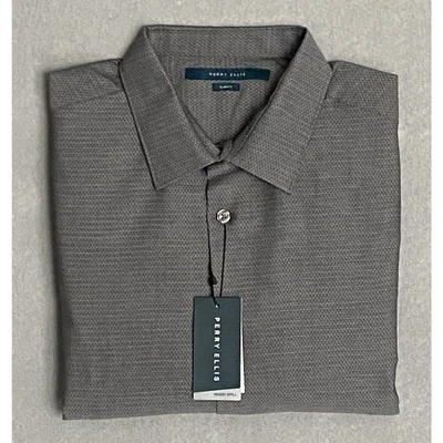 Perry Ellis Men's Large Button-Up Dobby Shirt Slim Fit Gray Micro Chain Prnt NEW - Image 1 of 4