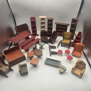 Wooden Doll House Furniture Looks Hand Made Lot 25 Plus Peices Bed Shelves Table - Picture 1 of 13