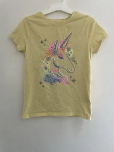 Cat & Jack Kid Girl Glitter Floral Unicorn Graphic Cotton Blend T-Shirt Yellow S - Picture 1 of 6