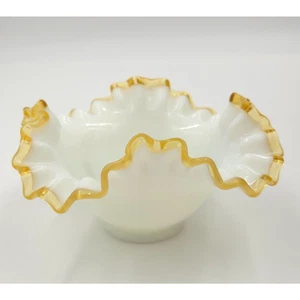 Fenton Milk Glass Gold Crest Ruffled Top Vase Bowl 7 1/2" - Picture 1 of 2