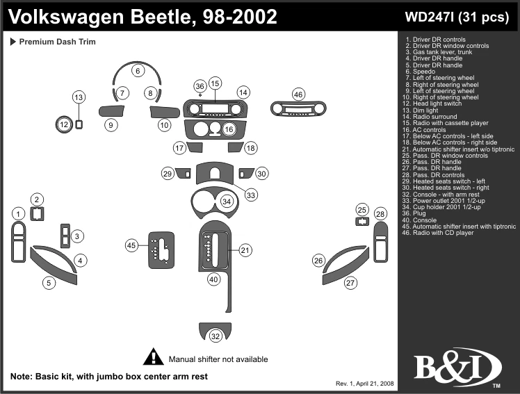 VOLKSWAGEN BEETLE 1998 1999 2000 2001 2002 TABLERO MOLDURA I Foto 1 de 1
