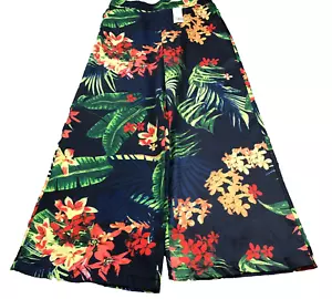 Fashion Womens Palazzo Pants Sz M Navy Floral High Rise Wide Leg Art NWT - Picture 1 of 9