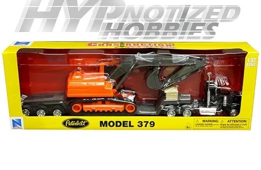 NEW RAY 1:32 BLACK PETERBILT 379 WITH BACKHOE ORANGE  LONG HAUL TRUCKERS 11283C - Image 1 of 1