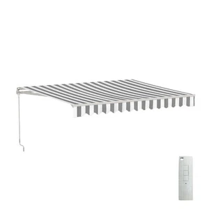 ALEKO Retractable Motorized 10X8 ft Patio Awning Deck Canopy Grey White Stripes - Picture 1 of 13