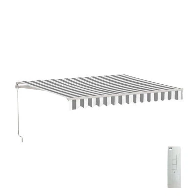 ALEKO Retractable Motorized 10X8 ft Patio Awning Deck Canopy Grey White Stripes - Image 1 of 4