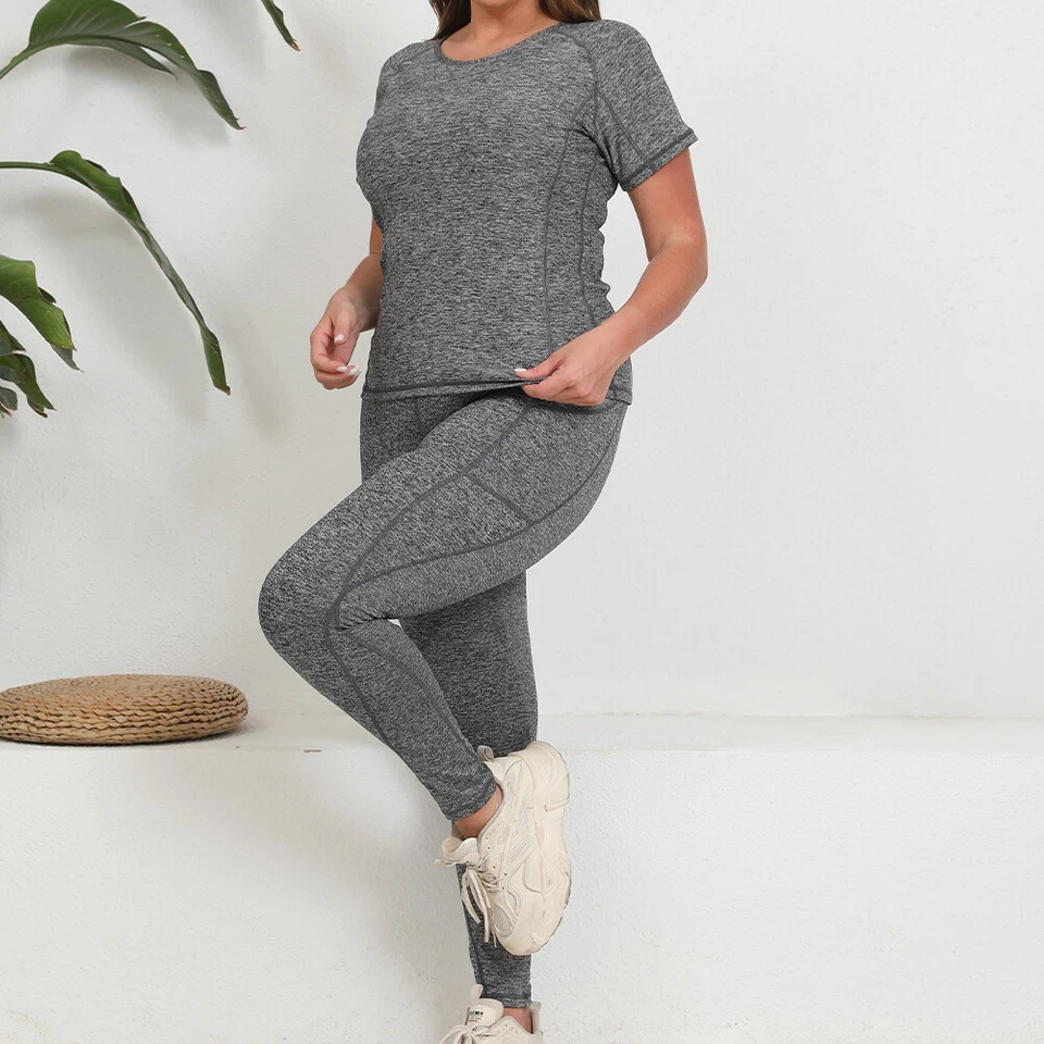 Short Sleeve Pocket Pants Set Plus Size Sports Yoga Gym Tracksuits 0XL-4XL - Image 1 of 4