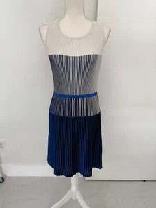 Milly Godet Striped Stretch Midi Flare Size Large Blue & White Ribbed Dress - Picture 1 of 8
