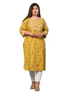 Übergröße indisch genähte Damen Kurta gelb bedruckte Tunika Baumwolle Top - Bild 1 von 7