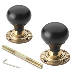 True Ebony & Aged Brass Wooden Round Bun Mortice Rim Door Knobs Knob Pair - Picture 1 of 3