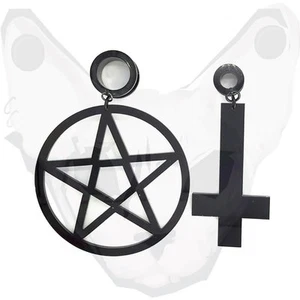 Pair of Mixed Inverted Cross and Pentagram Goth Pendant Dangle Ear Plug Tunnel - Picture 1 of 3