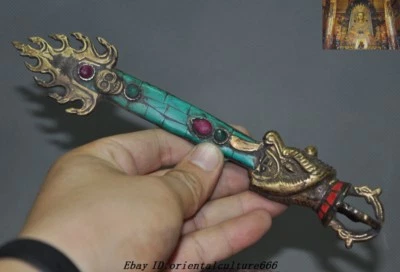Старый Тибет буддизм бронзовая инкрустация бирюзовый драгоценный камень Манджусри мудрость меч Phurpa Faqi - Изображение 1 из 4