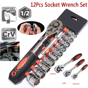 12Pcs 1/4 3/8 1/2 inch Socket Wrench Set Metric Impact Sockets Ratchet Spanner - Picture 1 of 16