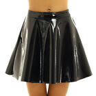 Women Shiny Pu Leather High Waist Casual Flared Pleated A-Line Mini Skater Skirt