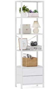 5 Tier Corner Shelf Narrow Bookshelf with 2 Storage Drawers Tall Bookcase - Picture 1 of 9