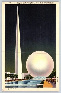 Postal Trylón y Perishfera de Noche Feria Mundial de Nueva York 1939 Lino - Imagen 1 de 2