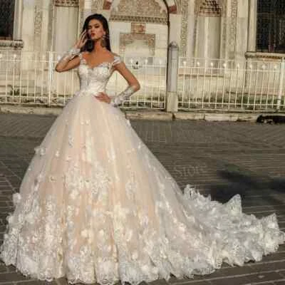 Exquisite A-Line Wedding Dresses Long Sleeved Floral Lace Appliques Bridal Gowns - Image 1 of 4