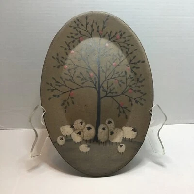 SIG Donna White Plate Primitive Handpainted Wood Composite 13” Sheep Under Tree - Image 1 of 4