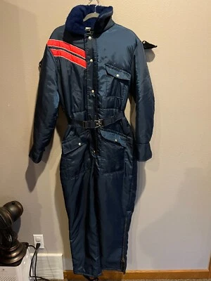 Women's Vtg WALLS Blizzard Pruf Blue Orange Stripes Hood Snowsuit Coveralls  M/L - Image 1 of 4