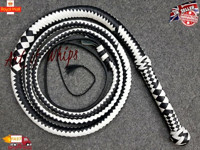 Frusta resistente in pelle di vacchetta premium da 4 a 12 piedi 12 trecce bianca e nera - Immagine 1 di 4