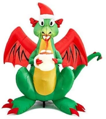 GEMMY 6 Ft Airblown Inflatable Fire Breathing Christmas Dragon w Santa Hat Cup Coco