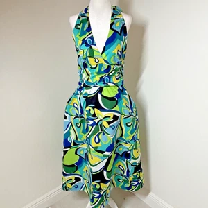 Boston Proper Blue/Green Maxi Abstract Halter Sundress V-Neck Pockets Side Zip 6 - Picture 1 of 8
