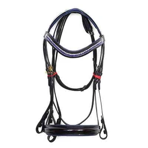 Dressage Leather Bridle With 3 Row Blue Crystal Chain & Blue Padding - Picture 1 of 5