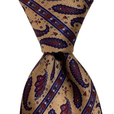 Corbata de Seda BIJAN ITALIA Lujo PAISLEY A RAYAS PÁJARO Marrón/Azul/Rojo Usada en Excelente Condición Rara Foto 1 de 3