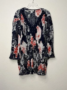 CW Classics Sheer V-neck Flowy Top 2X Pleated Embellished Navy Blue White Red - Picture 1 of 7