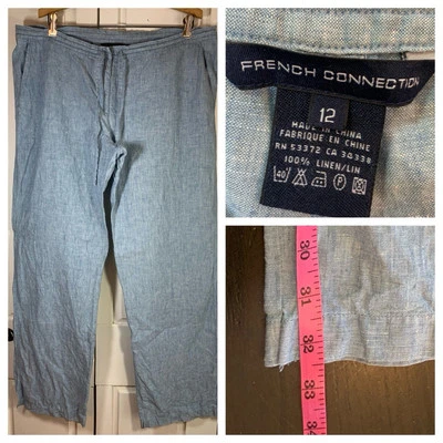 French Connection Pull On Linen Pants Womens 12 Blue Lagenlook Logom Scandi FLAW - Image 1 of 4