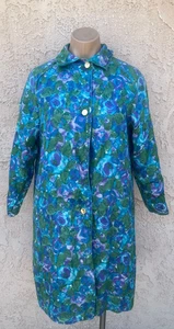 Vintage 1960's floral/blue reversible cotton raincoat overcoat sz S MCM - Picture 1 of 16