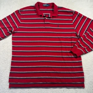 Vintage Polo Ralph Lauren Mens XL Long Sleeve Striped Polo Shirt Red 100% Cotton - Picture 1 of 5
